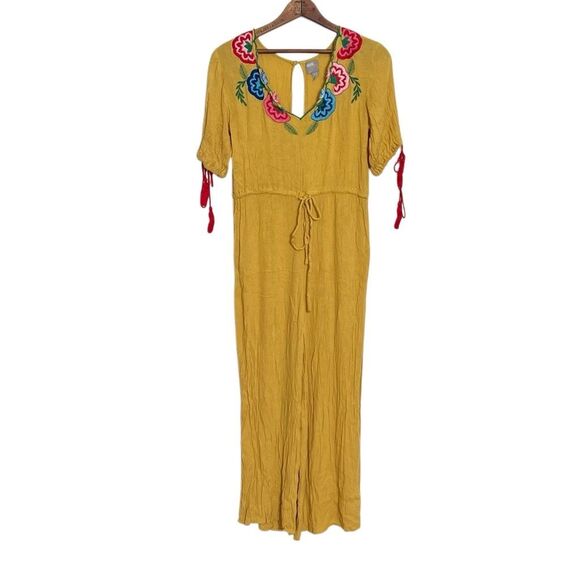 ASOS Embroidered V-Neck Drawstring Tassel Wide Leg Jumpsuit Yellow Red Size 4 - Picture 1 of 9
